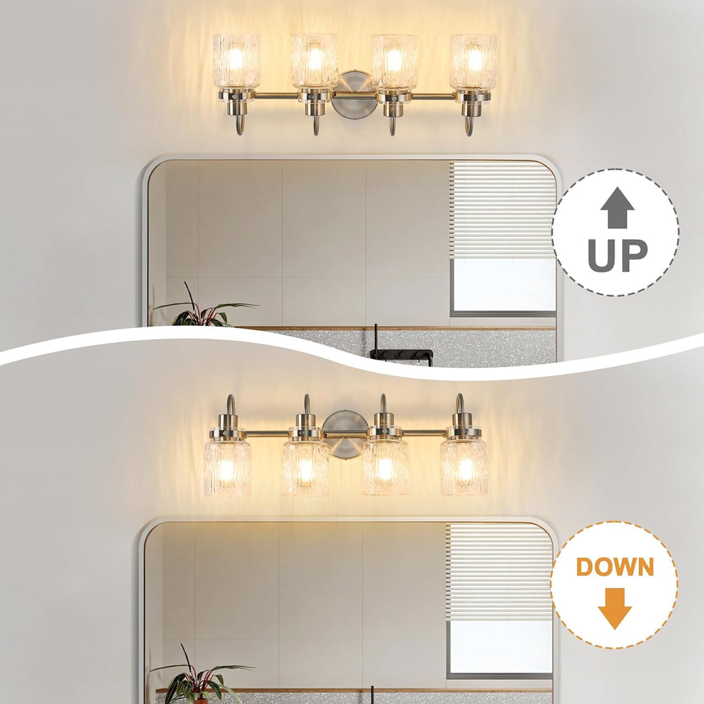 4 Lights Bathroom Vanity Light, Brushed Nickel Bathroom Light Fixtures with Hammered Glass Lampshade for Dressing