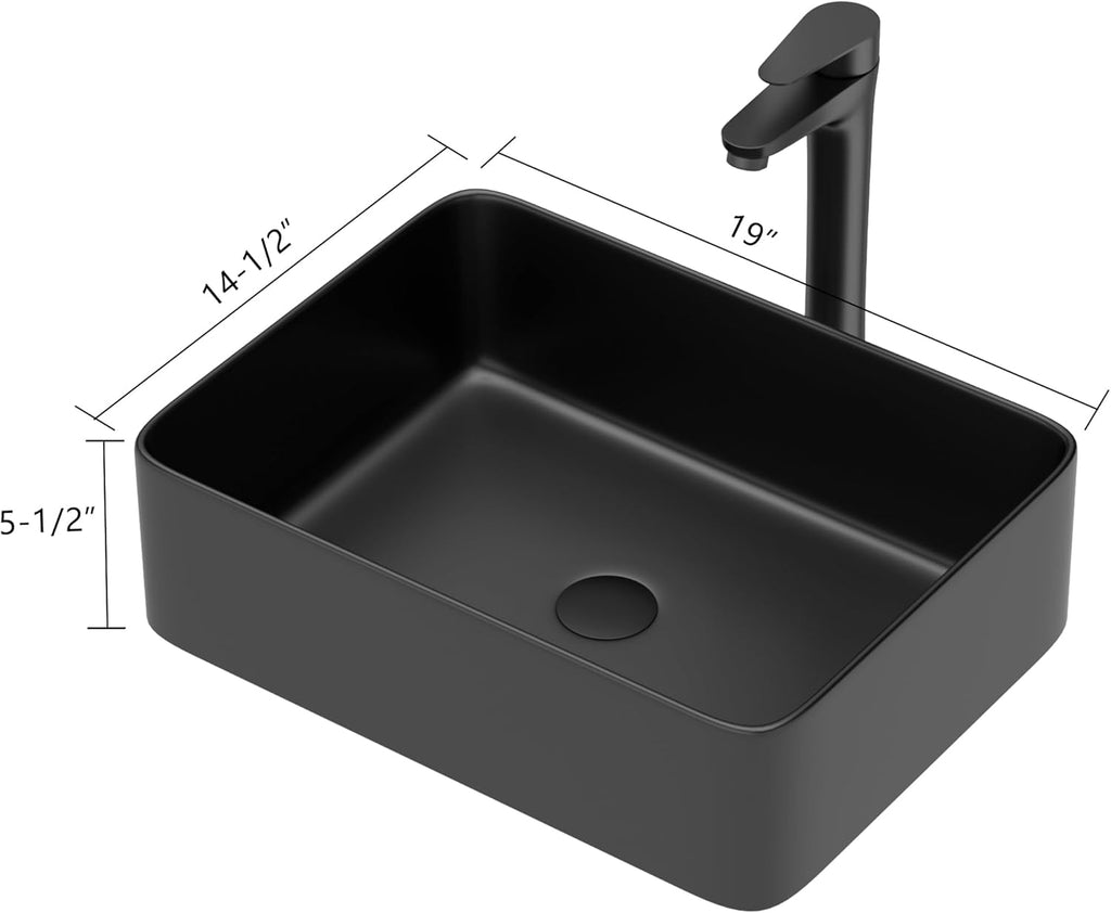 19"x15" Bathroom Vessel Sink Rectangular - Matte Black Porcelain Ceramic Rectangle Above Counter Vanity Lavatory Bath Sink Art Basin with Faucet & Pop-Up Drain