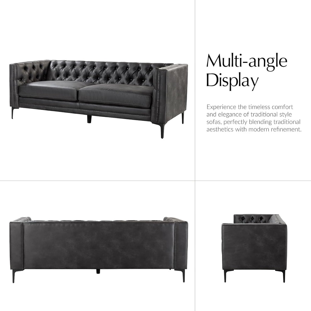 HOME 84" W Faux Leather Sofa Couch with Metal Legs, Button-Tufted 3-Seater Sofa