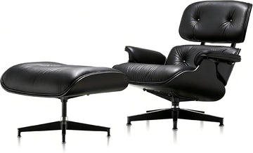 Mid-Century Modern Lounge Chair & Ottoman — Black Bonded Grain Leather, Walnut Base, Premium Tall Back