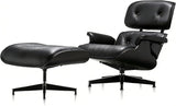 Mid-Century Modern Lounge Chair & Ottoman — Black Bonded Grain Leather, Walnut Base, Premium Tall Back
