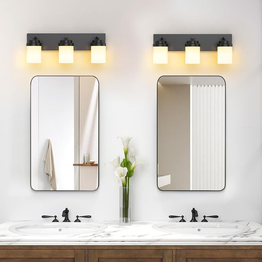 Bathroom Vanity Light Fixture, 3-Light 22 Inch Matte Black Bathroom Light Fixtures Over Mirror, with White Glass
