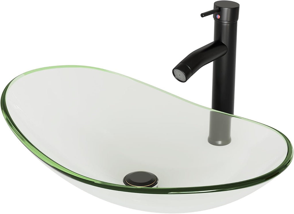 Tempered Glass Vessel Sink Bathroom, 20.8"x13.7" Oval Clear Above Counter Sink Bowl