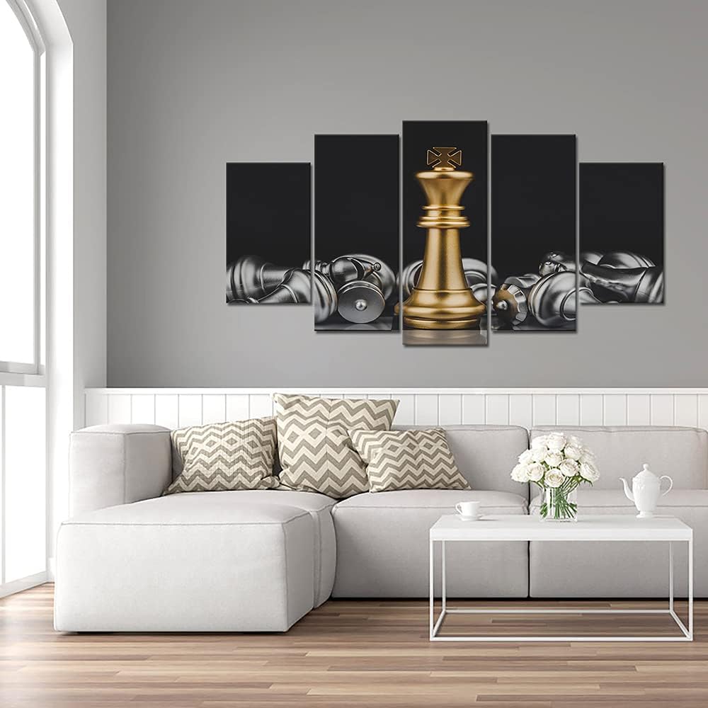 5 Panel Chess Canvas Wall Art Prints King and Knight Game Picture Painting Black and Gold Artwork Decoration Ready to