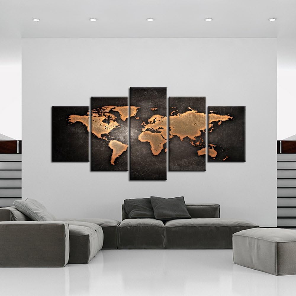 Retro World Map Poster Framed 5 Pcs Giclee Canvas Prints Vintage Abstract World Map Painting Printed on Canvas Ready