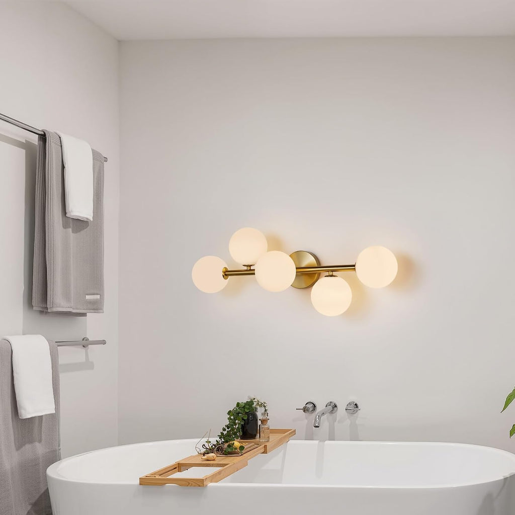 Modern Bathroom Vanity Light Fixtures,LED Brushed Gold Wall Sconce Lighting | 5 Lights Milk Glass Globe Vanity