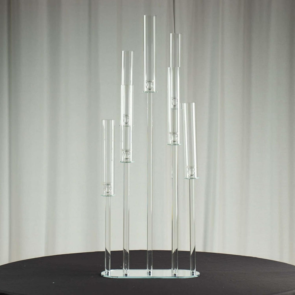 47" Clear Crystal 7-Arm Cluster Wedding Aisle Candlestick Stand with Hurricane Shades, Taper Candle Candelabra Table