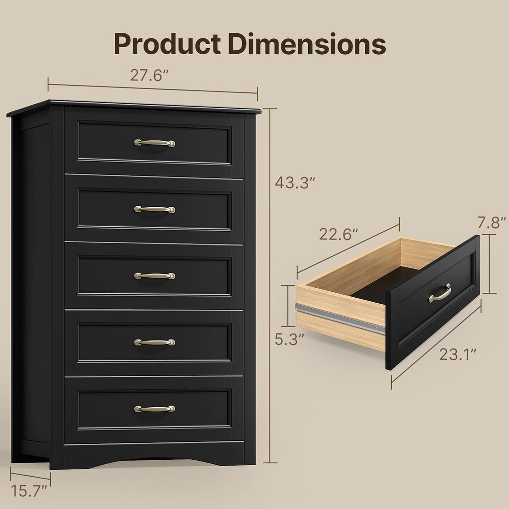 5 Drawer Dresser, Black Wood Chest of Drawers , 43.3" Large Capacity Storage Cabinet with Anti-Tip Device, for