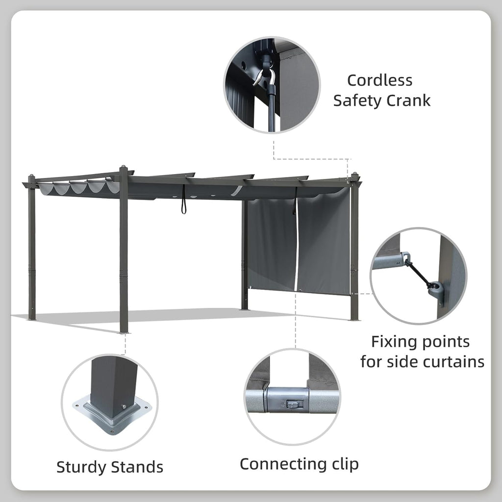 12x14 FT Outdoor Pergola - Retractable Shade Canopy with Aluminum Frame & Roller Shade Curtains for Patio