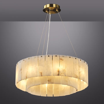 D23in Alabaster Round Chandelier, Modern Marble Dining Room Chandeliers, 2 Tiers Brass Drum Pendant Light Fixtures, Gold Ceiling Light Chandelier for Living Room, Bedroom Lights, Foyer, Kitchen