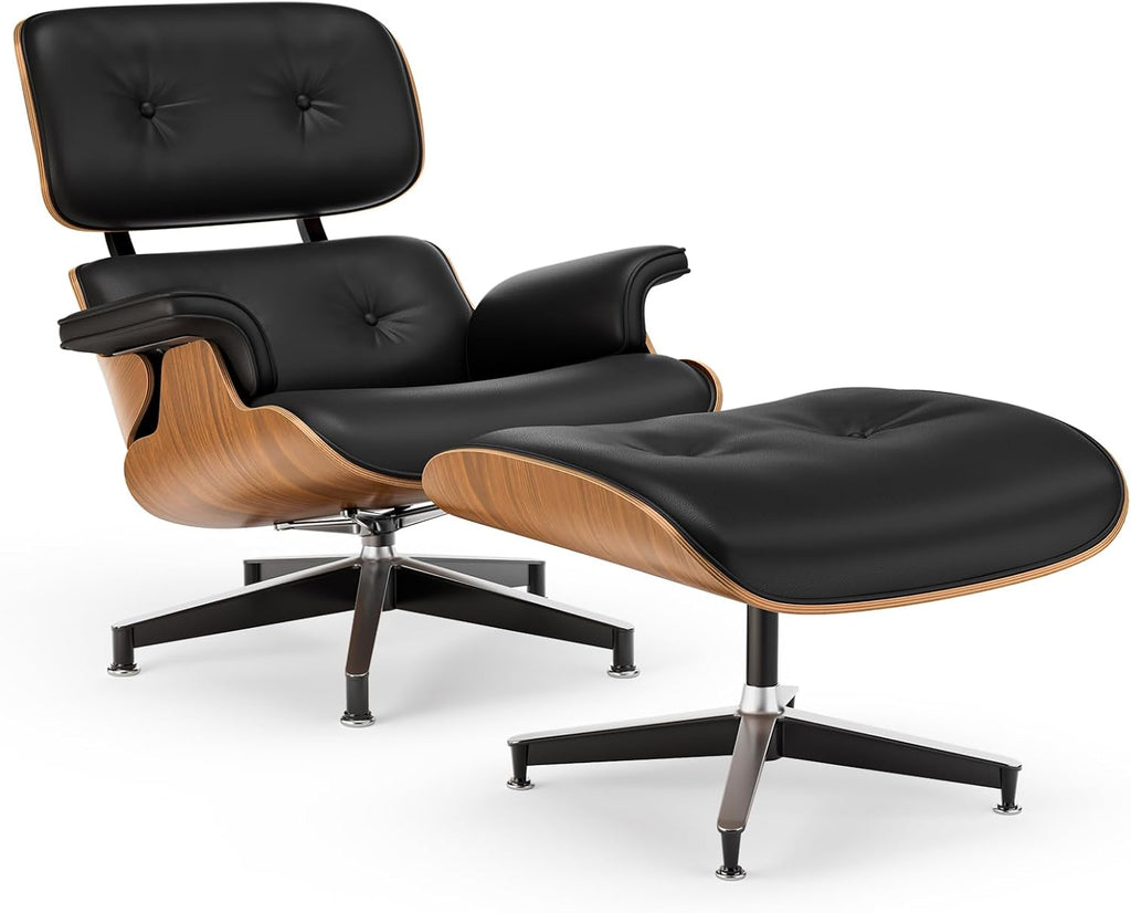 Mid-Century Modern Lounge Chair & Ottoman — Black PU Leather, Walnut Base, Standard
