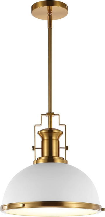 13" Brass Gold/White Modern Industrial Iron LED Dome Pendant Light, Adjustable Hanging Fixture for Kitchen Island or