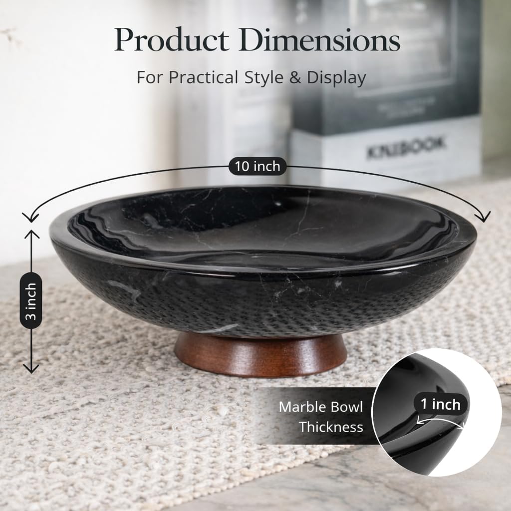 Decorative Marble Bowl Black - Handcrafted Natural Stone on Acacia Wood Pedestal - Versatile 10" Catch‐All