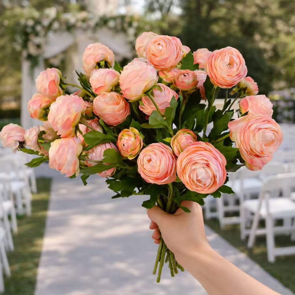 20 Stems Artificial Ranunculus Flowers, Faux Silk Blush Pink & Light Pink Bouquet, Realistic Fake Flowers for Vase