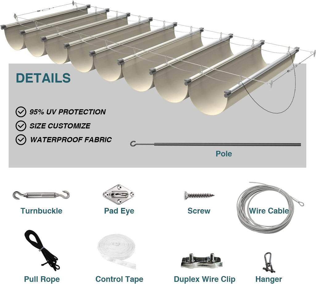 3'x12' Retractable Waterproof Wave Sun Shade Canopy Pergola Cover Shade Sail Awning for Outdoor Patio Porch Garden