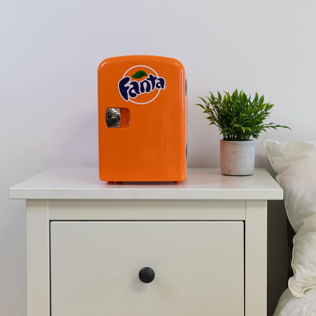 Fanta Mini Fridge - 6 Can Refrigerator for Bedroom Office, Portable Table Top Beverage Cooler, 12V 110V Refrigerador