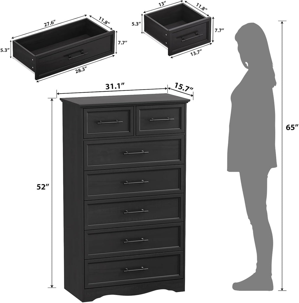Black 7 Drawer Dresser , 52" Tall Chest of Drawers | Brushed Metal Handles, Unique Base Design, Replicated Wood Grain