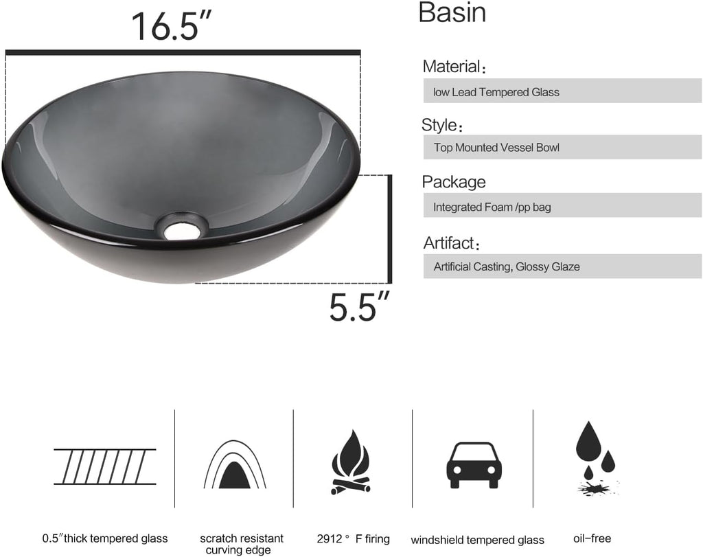 Bathroom Vessel Sink, Tempered Glass Vanity Round Bowl with Chrome Faucet and Pop up drain Set, Bluish Grey