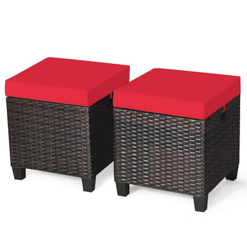 Outdoor Ottoman Wicker 2 Piece, Patio Ottomans PE Rattan Foot Rest with Cushion for Couch, Chair, Red