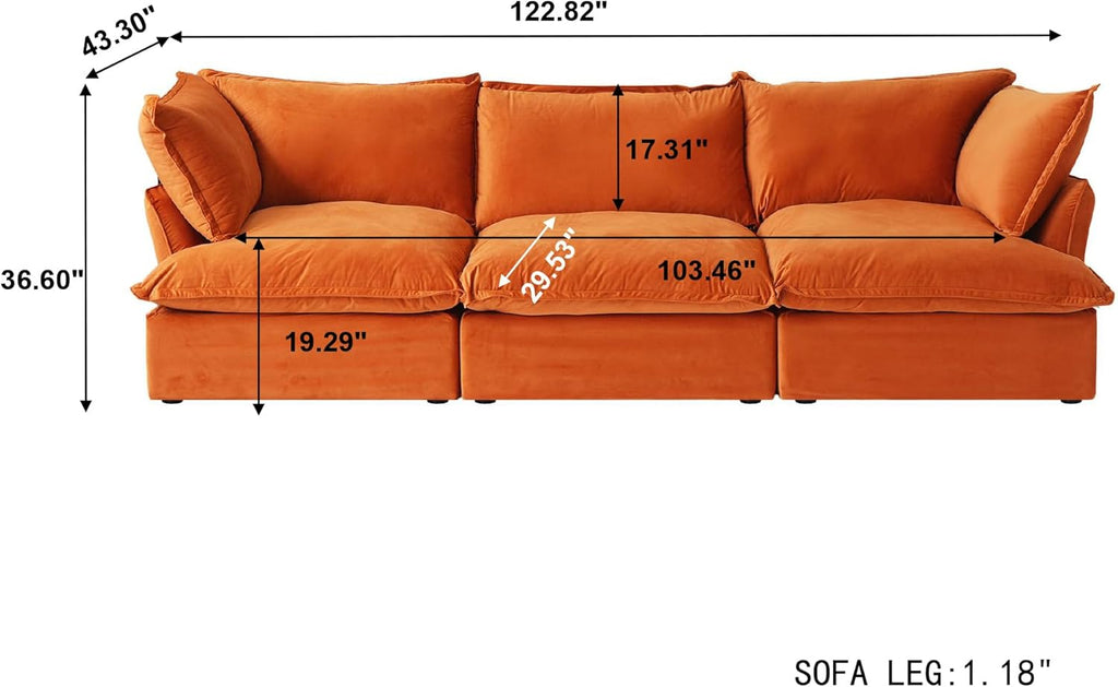 122.82" Cloud Sectional Couch for Living Room, Modular 3 Seater Sofas, Convertible Sectional Couches, Cushion Covers Removable, Two Corners and One Middle Sofa for Living Room (Orange)