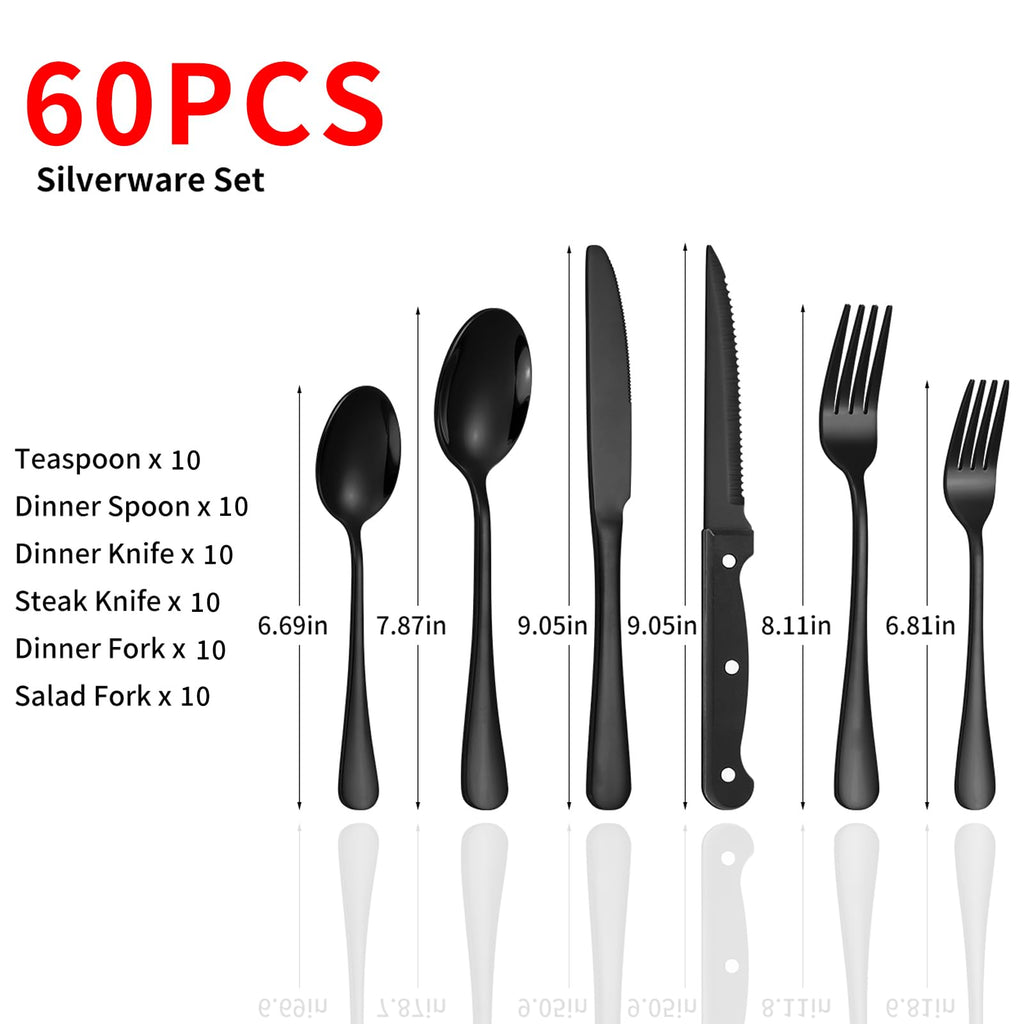 60-Piece Black Silverware Set with Steak Knives Black Stainless Steel Flatware Set for 10 Food Grade Tableware