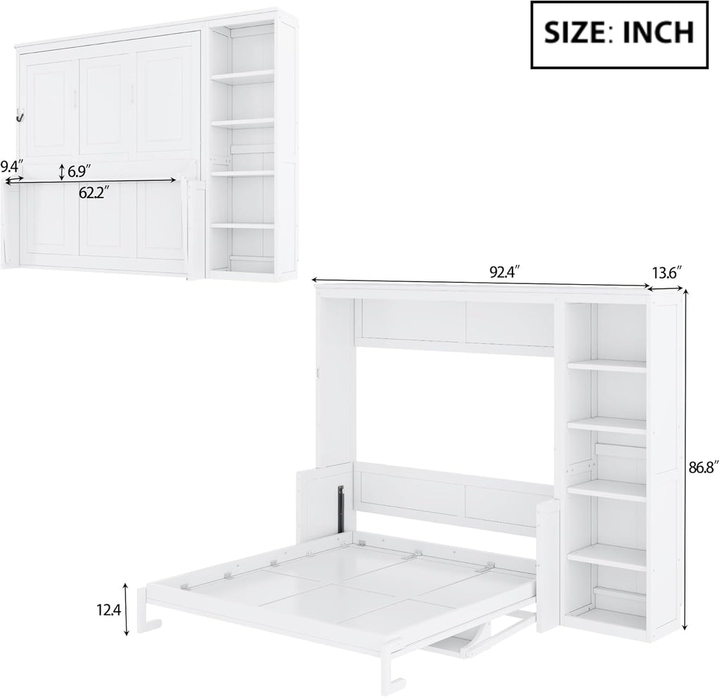 Queen Murphy Bed with Desk and Bookshelf, Space-Saving Design Foldable Wall Bed, Fold into The Wall, Pine Wood
