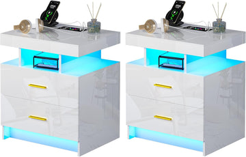 Night Stand Set of 2 with RGB Lights, LED Nightstand with Charging Station, Modern Bedside Table with 2 Drawers