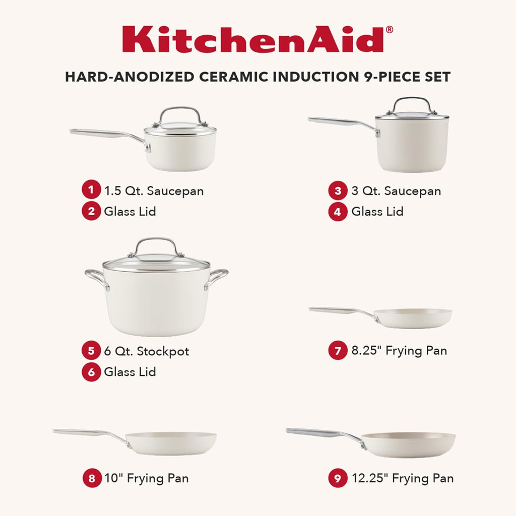 Hard-Anodized Ceramic Induction Cookware Set, 9-Piece Pots and Pans, Porcelain White