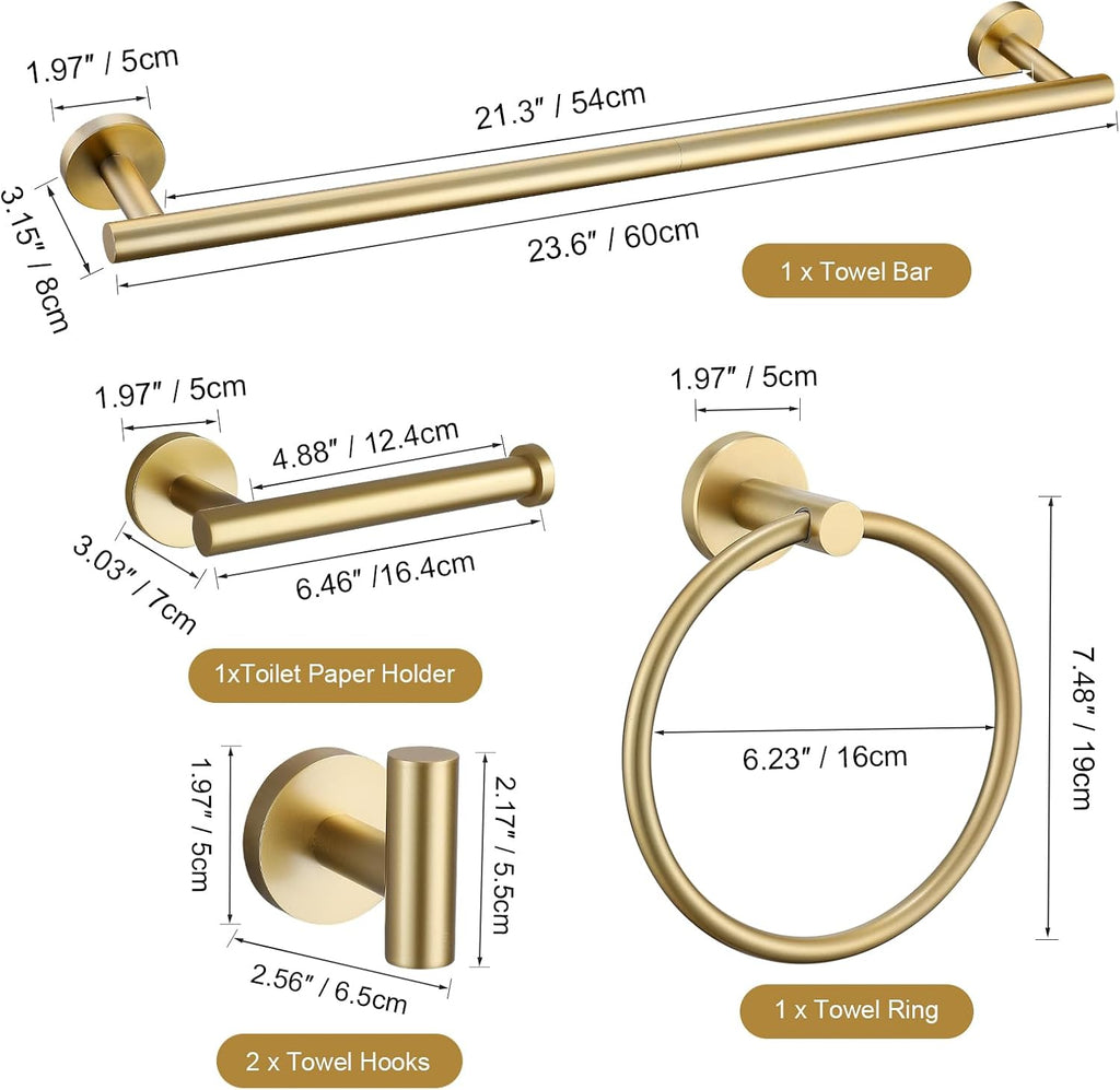 Brushed Gold 5 Piece Bathroom Hardware Set, SUS304 Stainless Steel 24 Inch Bath Towel Bar Set, Round Bathroom