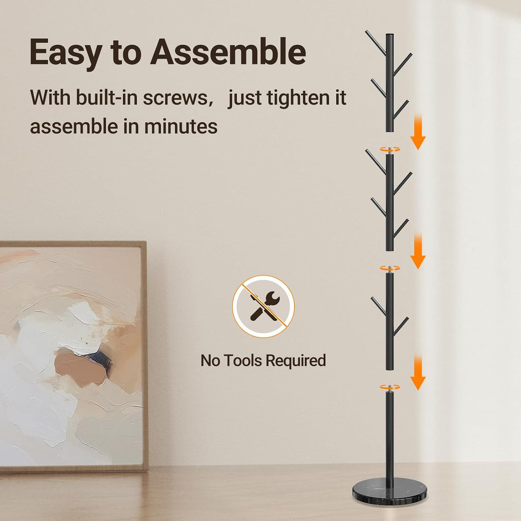 Coat Rack Freestanding, Metal Coat Rack with Natural Marble Base | 10 Hooks, 3 Adjustable Heights, Heavy Duty Coat