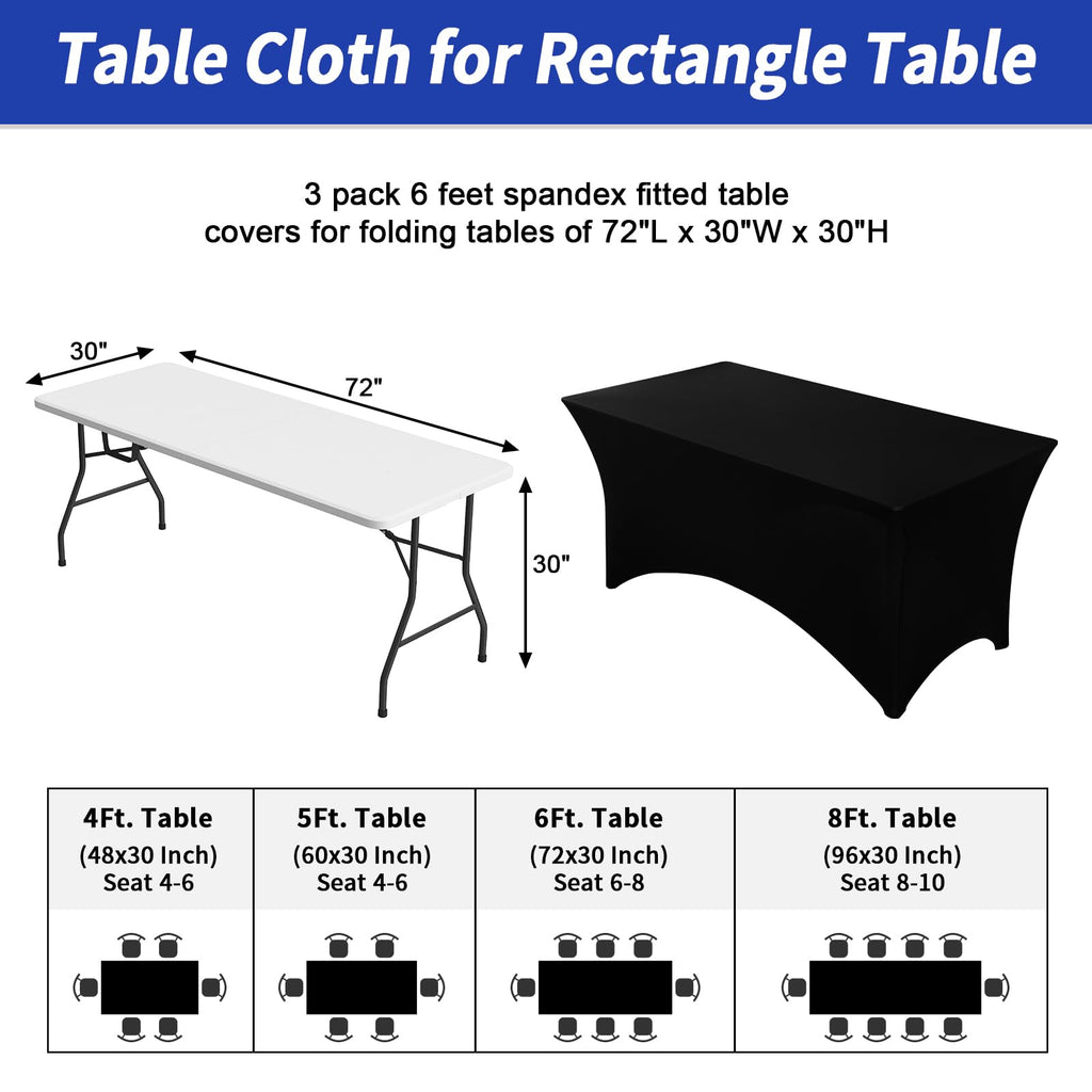 3 Pack 6FT Black Tablecloth Rectangle Spandex Fitted Table Cover