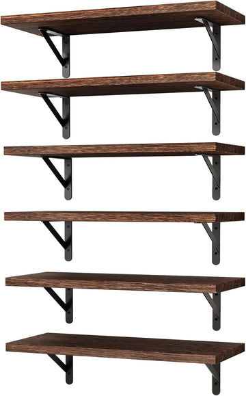 16.5in Floating Shelves for Wall Home Decor, Wood, Brown, Set of 6 | Rustic wood shelves with metal brackets.