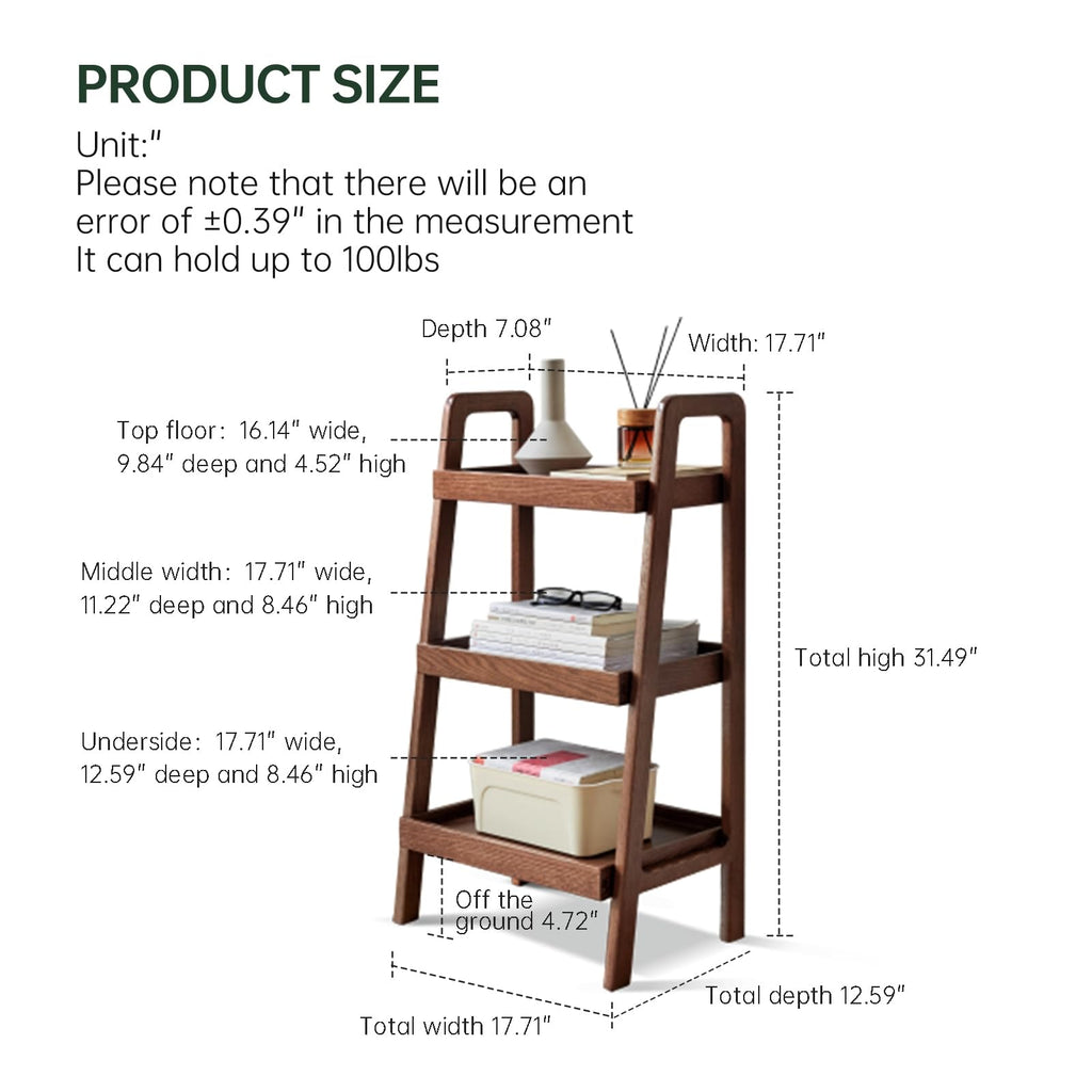 Solid Oak Small Bookshelf, 3 Tier Ladder Shelf Walnut Bookcase