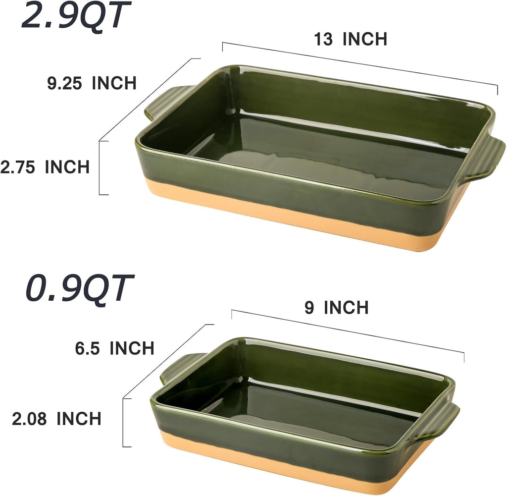 Ceramic Casserole Dish with Handles, Large 9x13 inch Pan and Middle Pan - Porcelain Serving Bakeware Set (Forest
