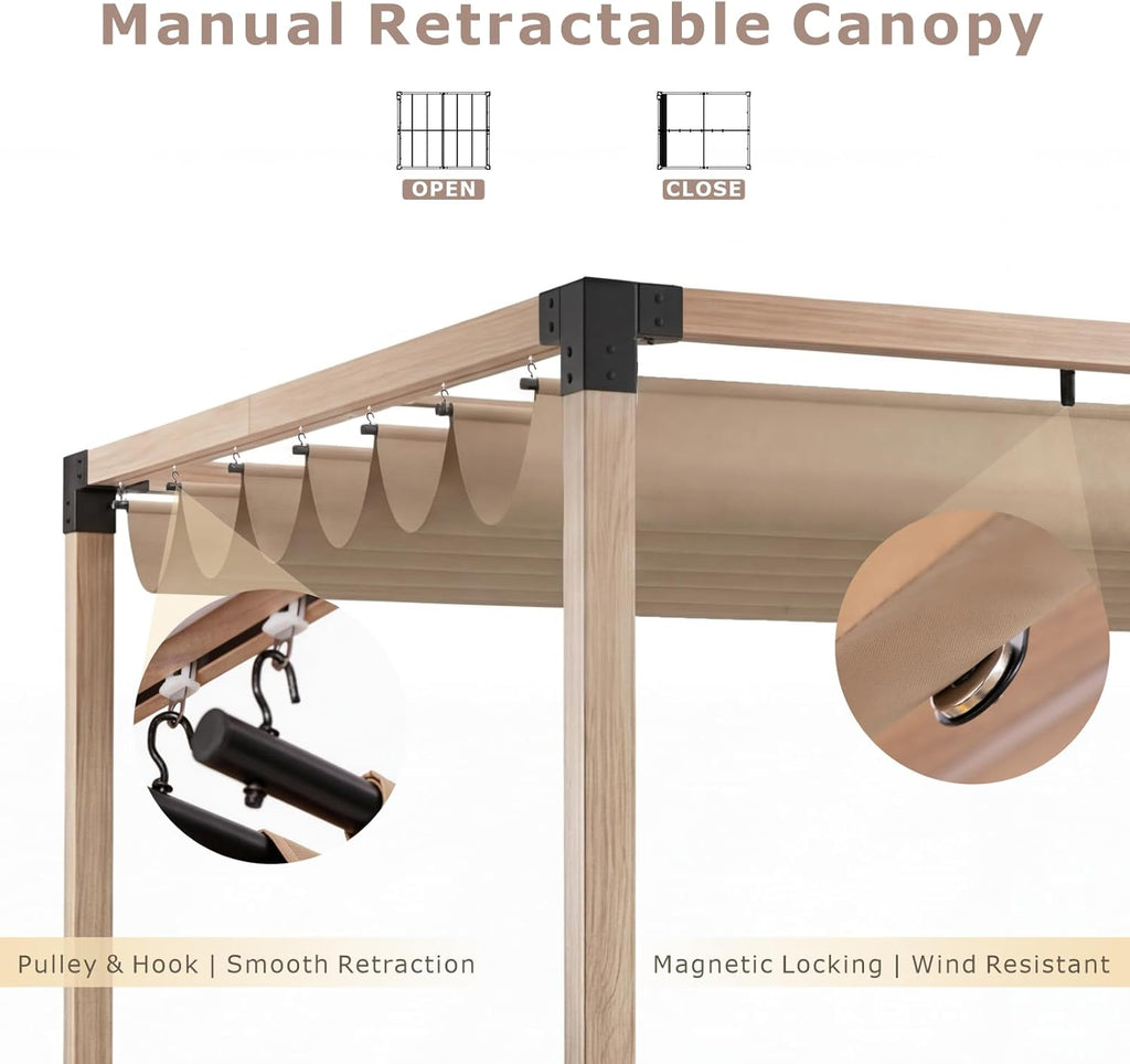 10x12 FT Retractable Pergola with Solar LED Lights, Wood-Grain Aluminum Frame, Water & UV-Resistant Adjustable Canopy
