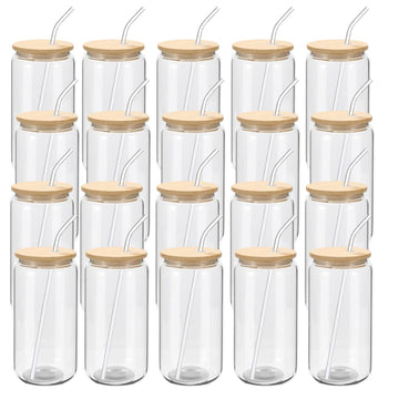 20 Pack Glass Cups with Bamboo Lids and Glass Straw 16oz Beer Can Shaped Drinking Glasses Cups, Glass Tumbler