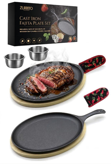 2x Fajita Skillet with Saucers, Cast Iron Hot Plate, Fajita Kit, Sizzling Plate with Wooden Base, Fajita Skillet Set