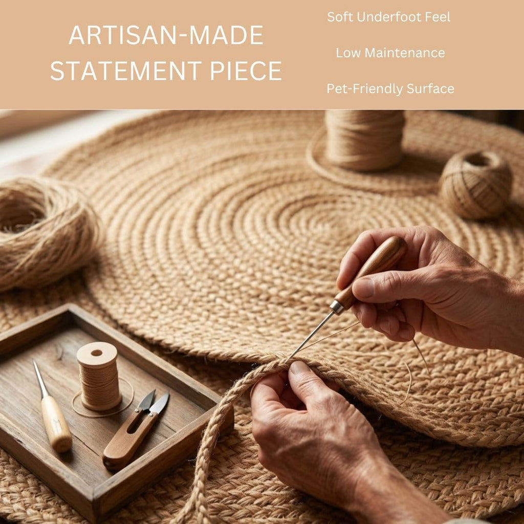 Handcrafted Jute Braided Rug Round - 100% Natural Jute Area Rug - Rustic Farmhouse Boho Accent Rug for