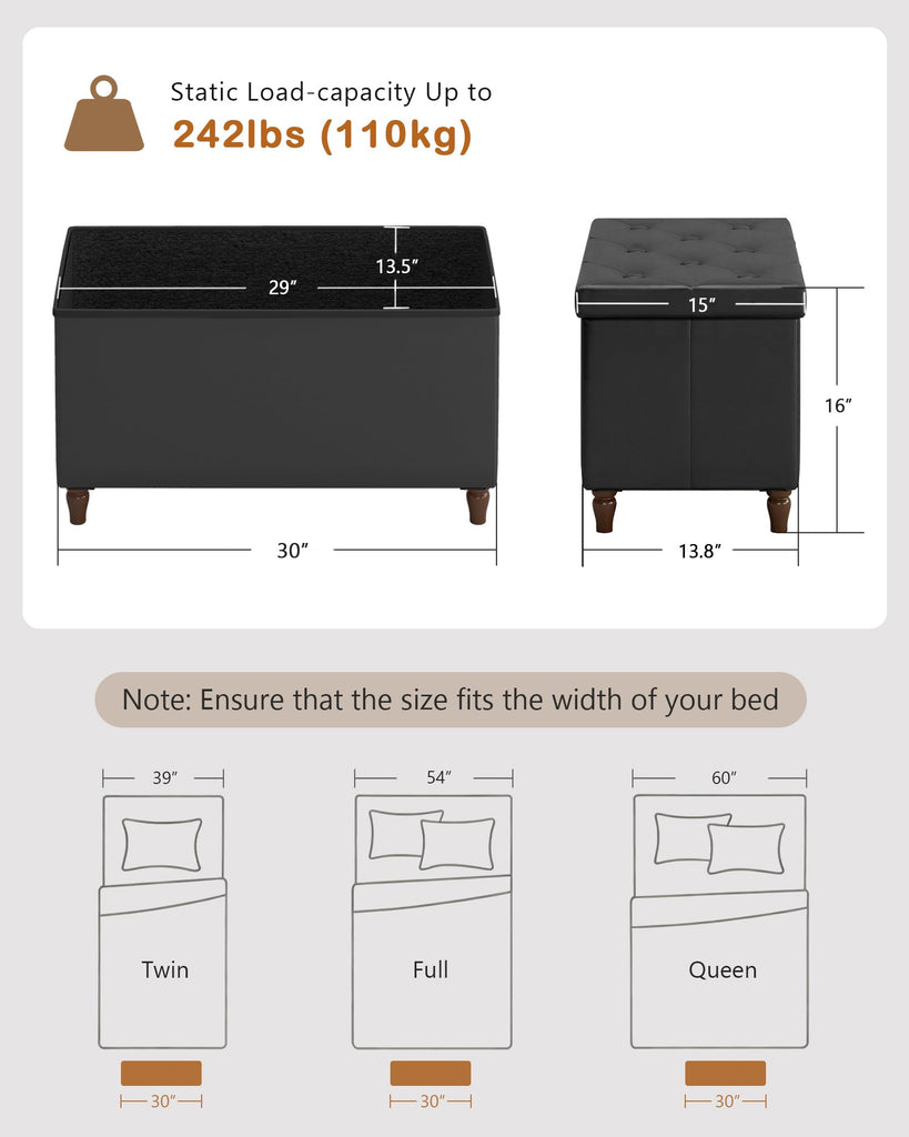 30 Inches Ottoman with Storage, Folding Bench with Legs, Black
