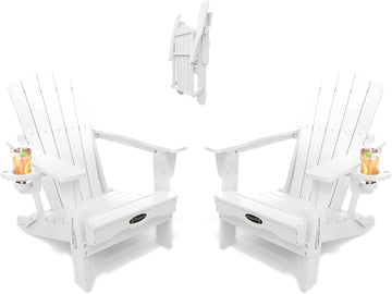 Folding Adirondack Chair Set of 2, HDPE Outdoor Chairs, Patio Chairs | All-Weather Fire Pit Chair Set of 2, with Cup