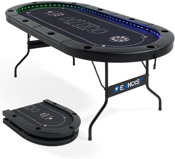 LED Poker Table for 10 Players, 84" Oval Foldable Texas Holdem Casino Table with Tri-Color LED Lights, Board Game