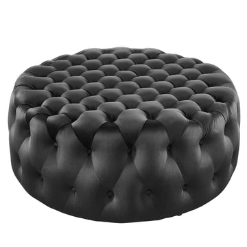 Amour Tufted Button Large Round Performance Velvet Ottoman in Black