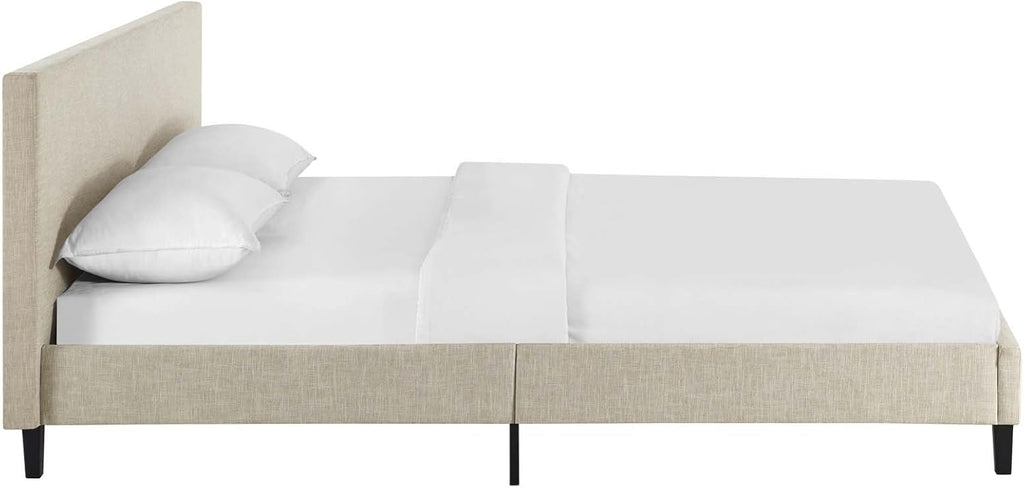 Anya Upholstered Beige Platform Bed with Wood Slat Support in Queen