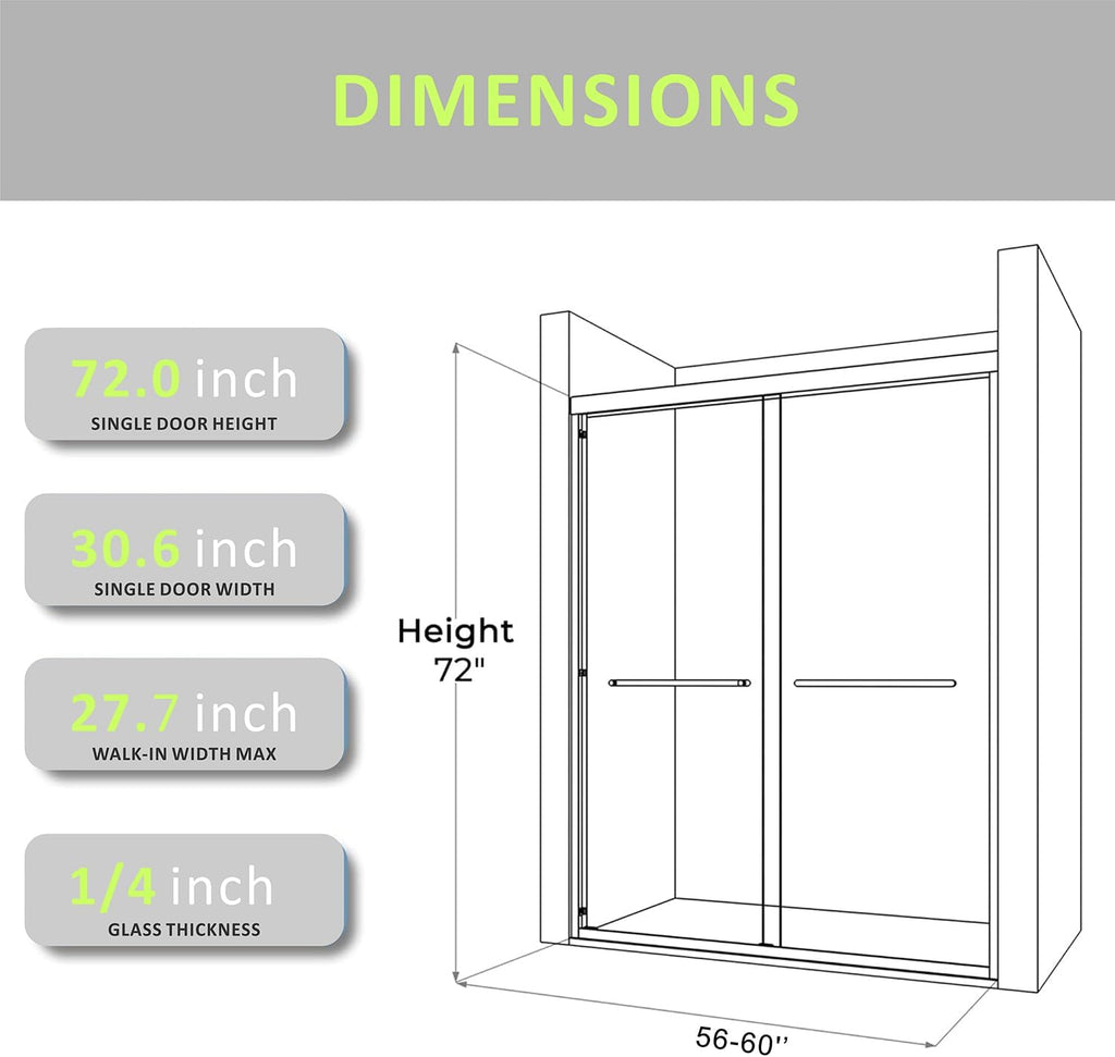 Semi-Frameless Double Sliding Shower Door 60 in. W x 72 in. H
