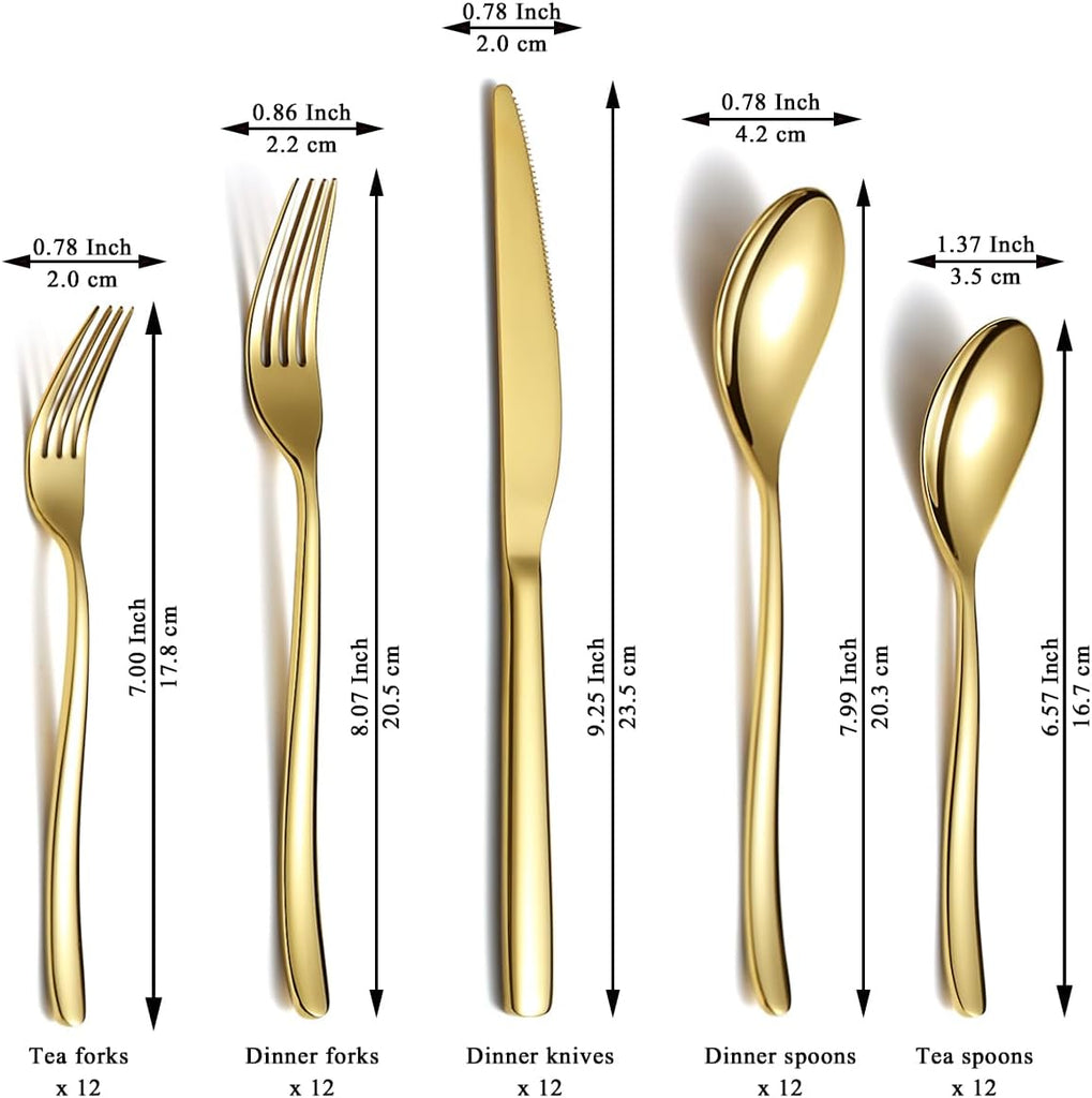 Gold Silverware Set 60 Pieces Service for 12, Golden Titanium Plating Stainless Steel Flatware Set
