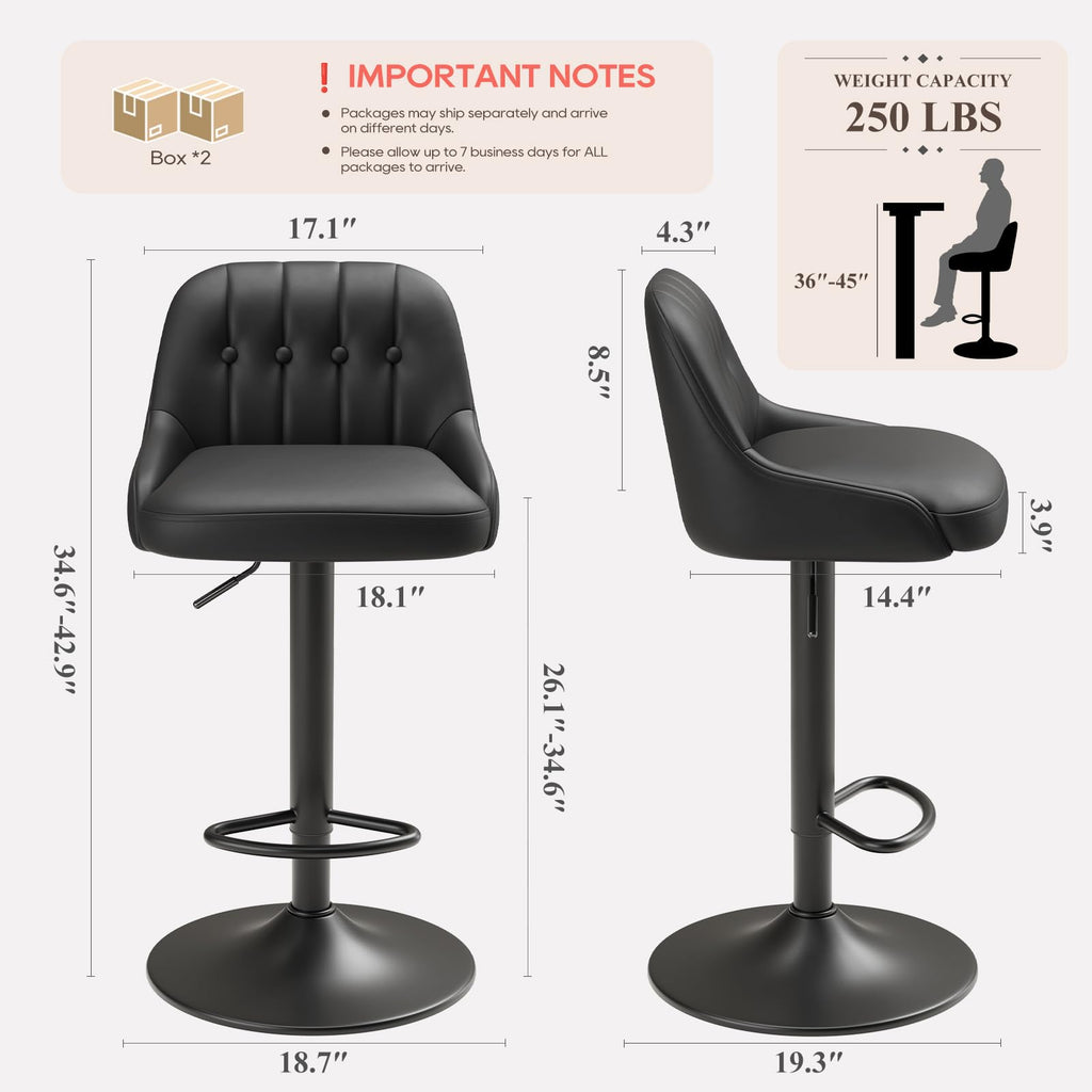 Bar Stools Set of 4, Swivel Bar Chairs, Modern Adjustable PU Leather Upholstered Barstools Counter Height with Tufted