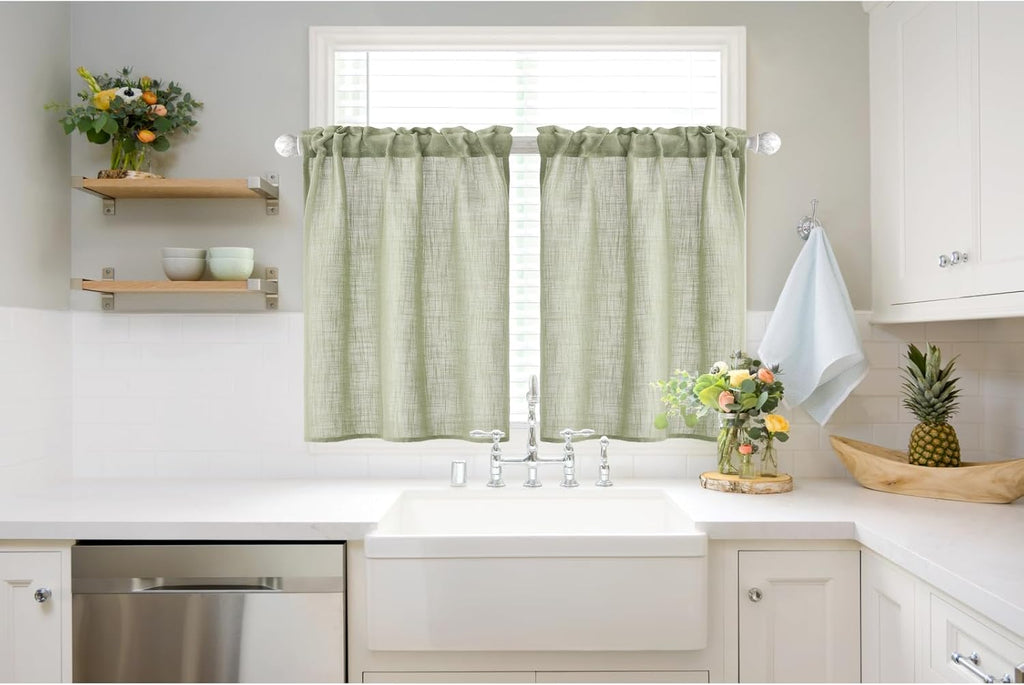 Spring Linen Textured Kitchen Window Curtains over Sink Semi Sheer Farmhouse Small Curtains for Cafe