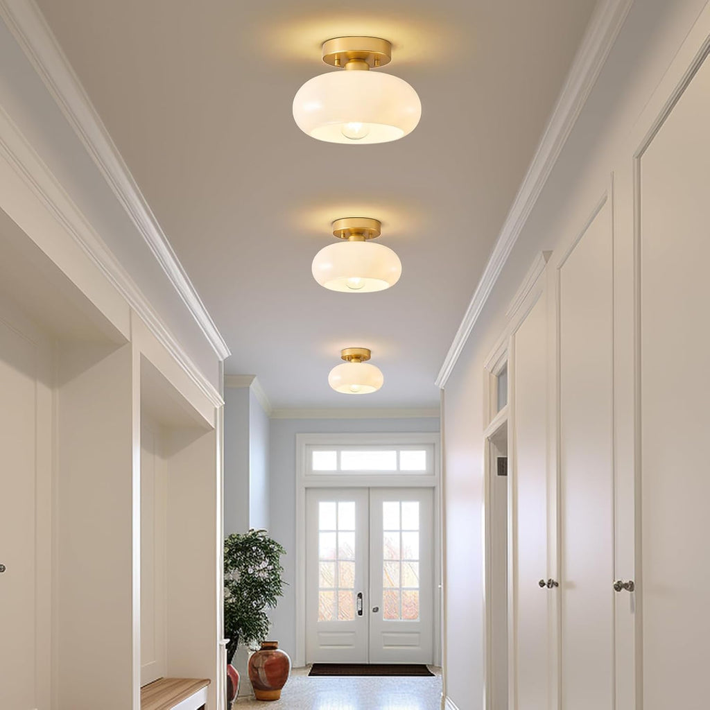 Mid-Century Modern Gold Semi Flush Ceiling Light 8.66 Inch | Mini White Glass Shade Close to Ceiling Lighting Fixture