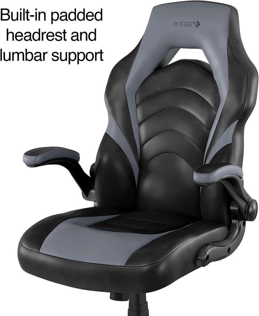 Emerge Vortex Gaming Chair, Adjustable Height, Swivel Black | Racing-style design with sturdy swivel base, ideal for