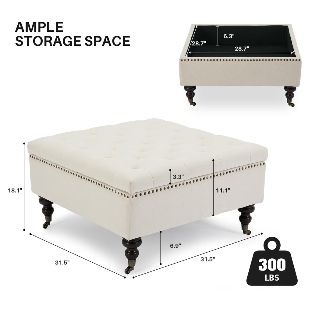 Large Square Storage Ottoman Uphlostered Tufted Button Coffee Table, Beige